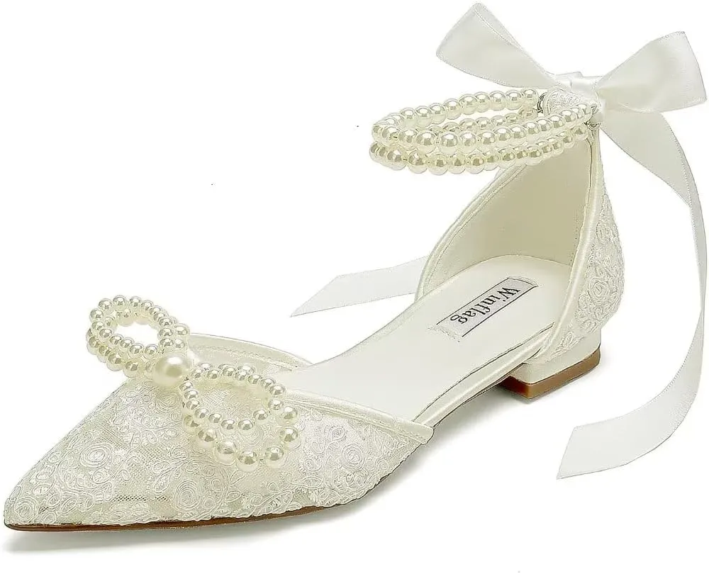 Pearl Wedding Shoes for Bride Flat Lace Bride Shoes Pointed Toe Bridal Flats