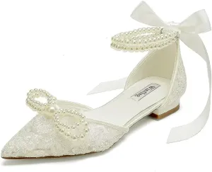 Pearl Wedding Shoes for Bride Flat Lace Bride Shoes Pointed Toe Bridal Flats