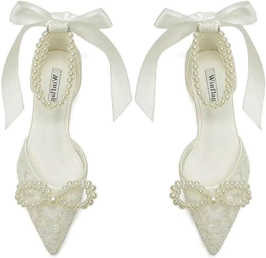 Pearl Wedding Shoes for Bride Flat Lace Bride Shoes Pointed Toe Bridal Flats