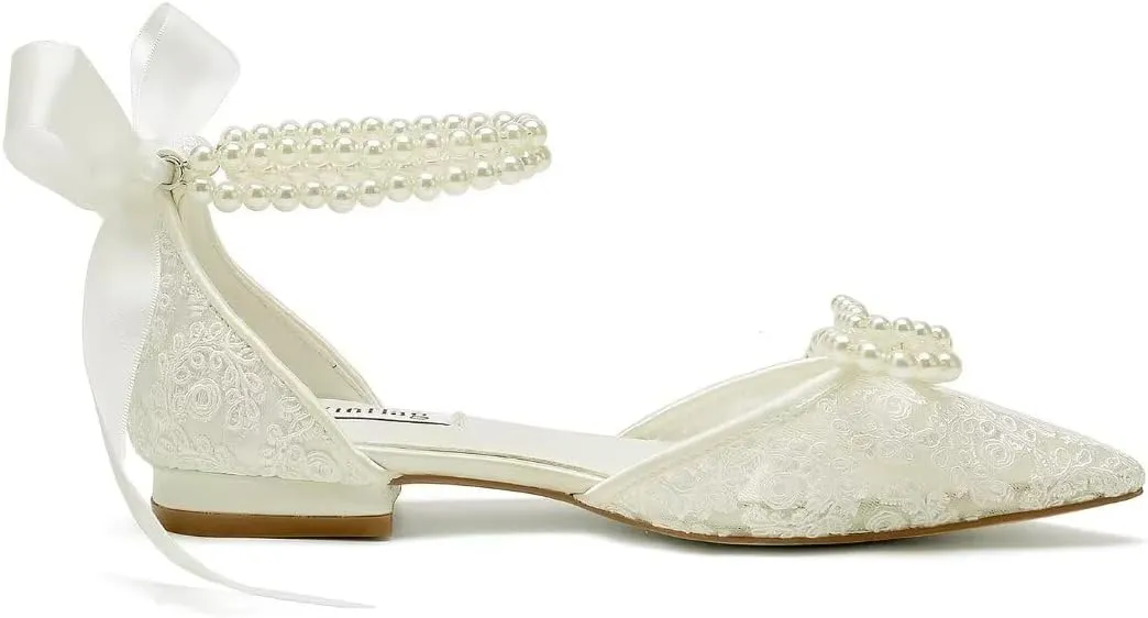 Pearl Wedding Shoes for Bride Flat Lace Bride Shoes Pointed Toe Bridal Flats