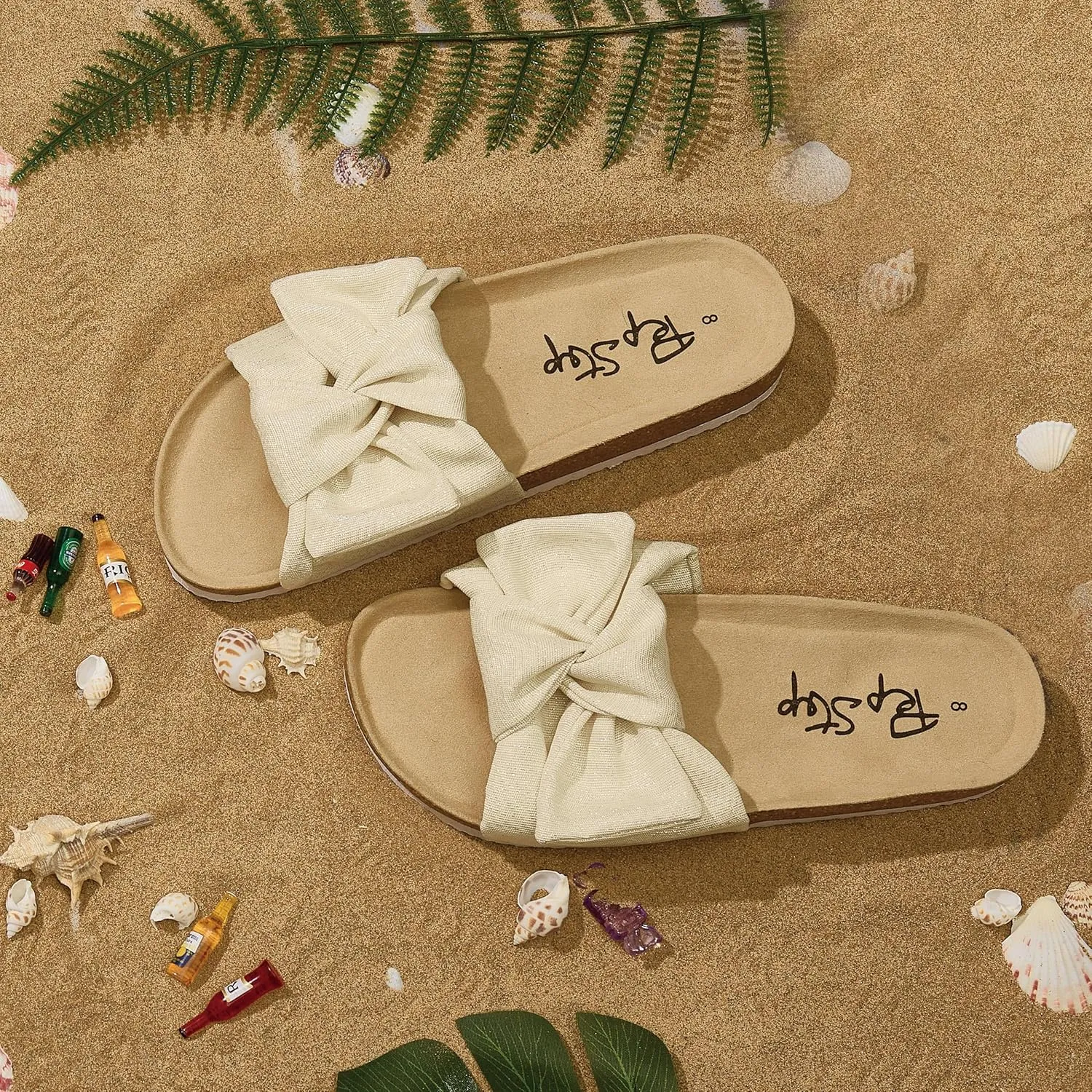 PepStep Slide Sandals for Women or Ladies Dressy Summer Casual, Cute Bow Tie Knot On Top Strap, Comfy Slip On Cork Foot Bed