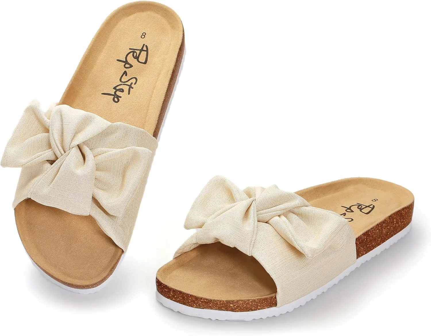PepStep Slide Sandals for Women or Ladies Dressy Summer Casual, Cute Bow Tie Knot On Top Strap, Comfy Slip On Cork Foot Bed