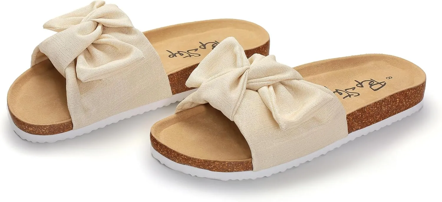 PepStep Slide Sandals for Women or Ladies Dressy Summer Casual, Cute Bow Tie Knot On Top Strap, Comfy Slip On Cork Foot Bed