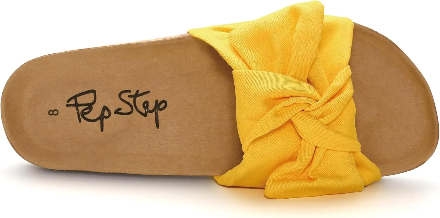 PepStep Slide Sandals for Women or Ladies Dressy Summer Casual, Cute Bow Tie Knot On Top Strap, Comfy Slip On Cork Foot Bed