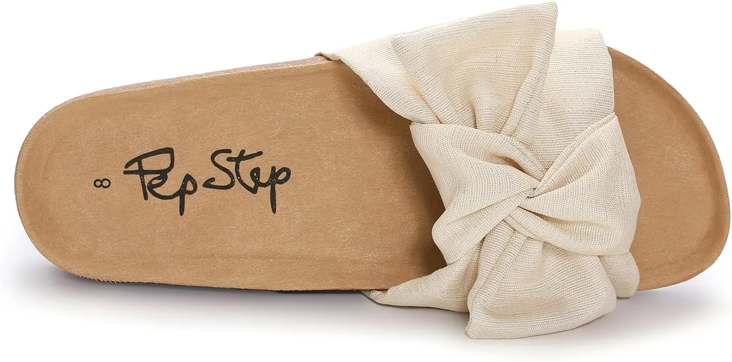 PepStep Slide Sandals for Women or Ladies Dressy Summer Casual, Cute Bow Tie Knot On Top Strap, Comfy Slip On Cork Foot Bed