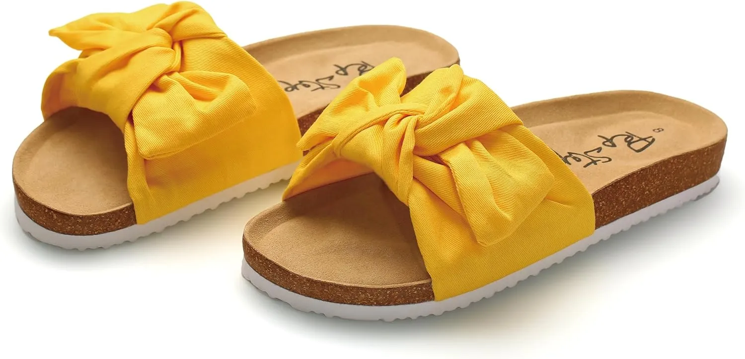 PepStep Slide Sandals for Women or Ladies Dressy Summer Casual, Cute Bow Tie Knot On Top Strap, Comfy Slip On Cork Foot Bed