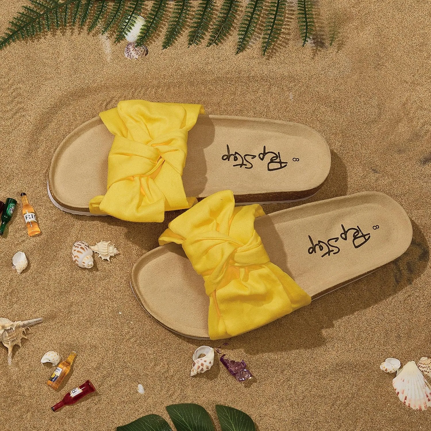 PepStep Slide Sandals for Women or Ladies Dressy Summer Casual, Cute Bow Tie Knot On Top Strap, Comfy Slip On Cork Foot Bed