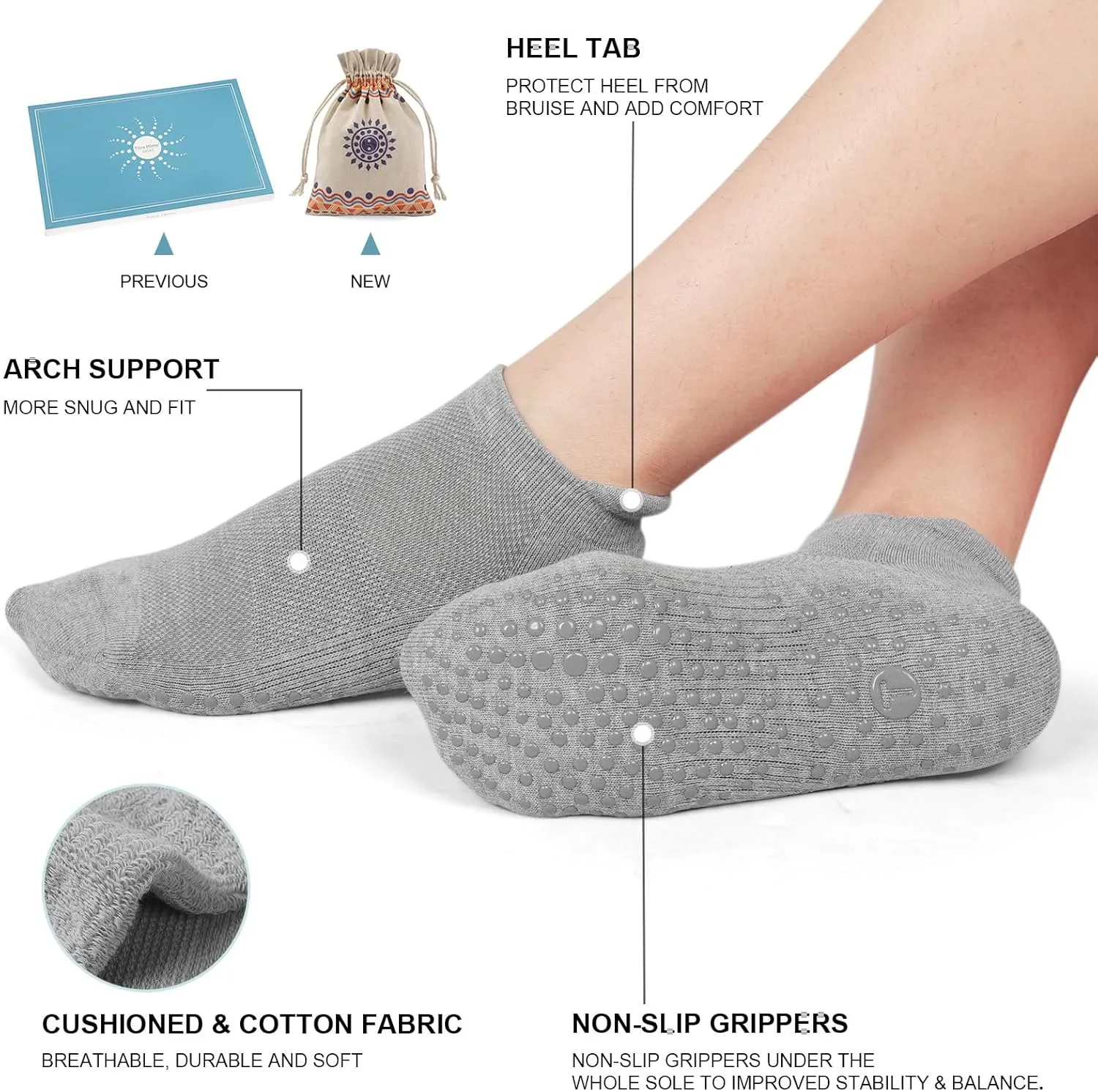 Pilates Socks for Women, Cushioned Ankle Grippy Non Slip Socks for Yoga, Hospital, Barre, Sports Home Slipper 2/4 Pairs
