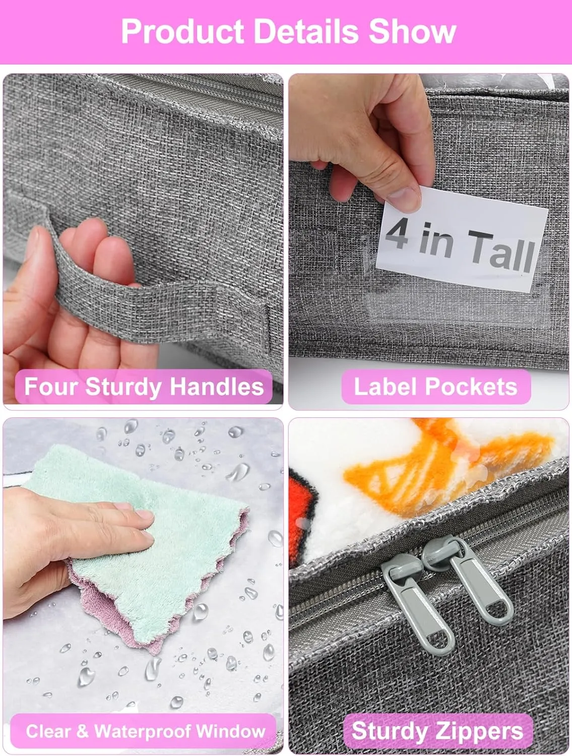 punemi Under Bed Storage Containers, Below 4 Inches Tall Low Profile Underbed Storage, NO STRUCTURE, Soft Foldable Underbed Cloth Storage Bags, Zipper Blanket Storage Container, 2Pack, 20x40x3.7in