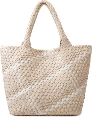 Queenoris Fashion Woven Tote Bag for Women, Shopper Bag Soft Vegan Leather Hand-woven Handbag with Purse