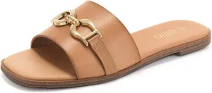 Rihero Slide Sandals Women Comfortable Flat Slides Dressy Summer Square Peep Toe Leather Wide Width Sandals Camel Size 9