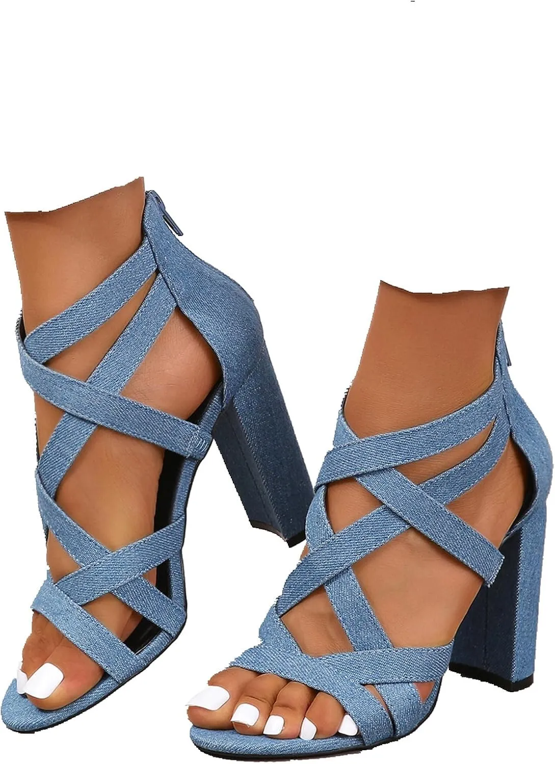 SACFOF Womens Ankle Strap Dress Pump High Chunky Heel Sandals Crisscross Back Zip Up Dress Party Shoes