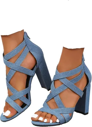 SACFOF Womens Ankle Strap Dress Pump High Chunky Heel Sandals Crisscross Back Zip Up Dress Party Shoes