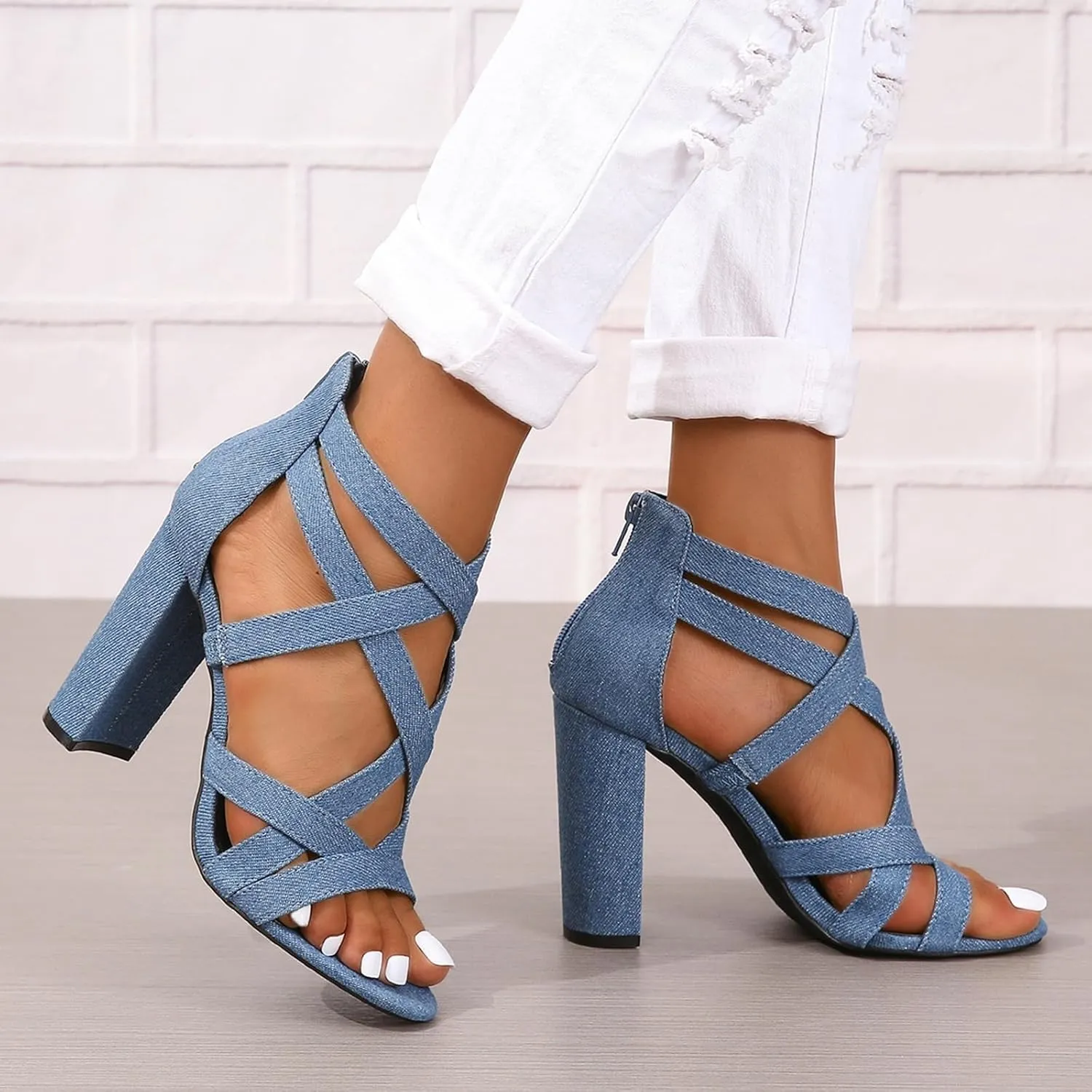SACFOF Womens Ankle Strap Dress Pump High Chunky Heel Sandals Crisscross Back Zip Up Dress Party Shoes