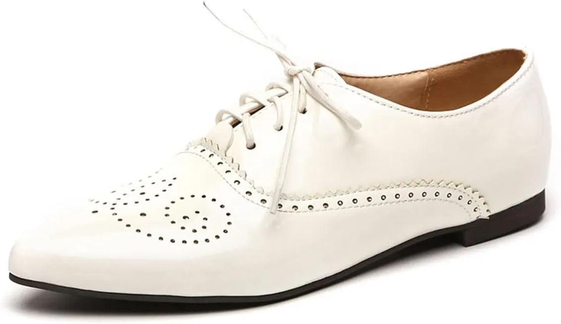 SHEMEE Women's Patent Leather Pointed Toe Flat Oxfords Pumps Vintage Wingtip Low Heels Lace Up Retro Brogues Dress Shoes