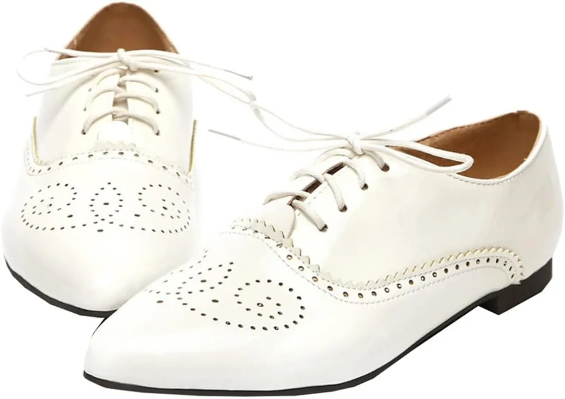 SHEMEE Women's Patent Leather Pointed Toe Flat Oxfords Pumps Vintage Wingtip Low Heels Lace Up Retro Brogues Dress Shoes