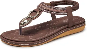 SHIBEVER Womens Sandals Dressy Summer: Women Comfortable Walking Flat Bohemian T-Strap Ladies Casual Comfy Sandals
