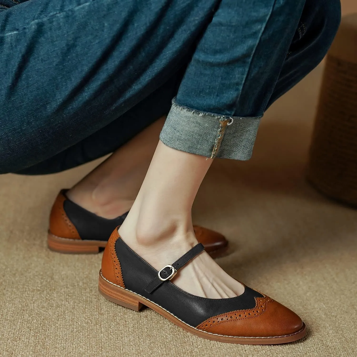 SHODENSE Women Mary Jane Flats Round Toe Ankle Strap Flat Shoes Two Tone Wingtip Oxfords Mary Jane Perforated Retro 1 Flat Heel Dress Shoes Almond Toe Patchwork Comfy Driver Flats 4-11 M US
