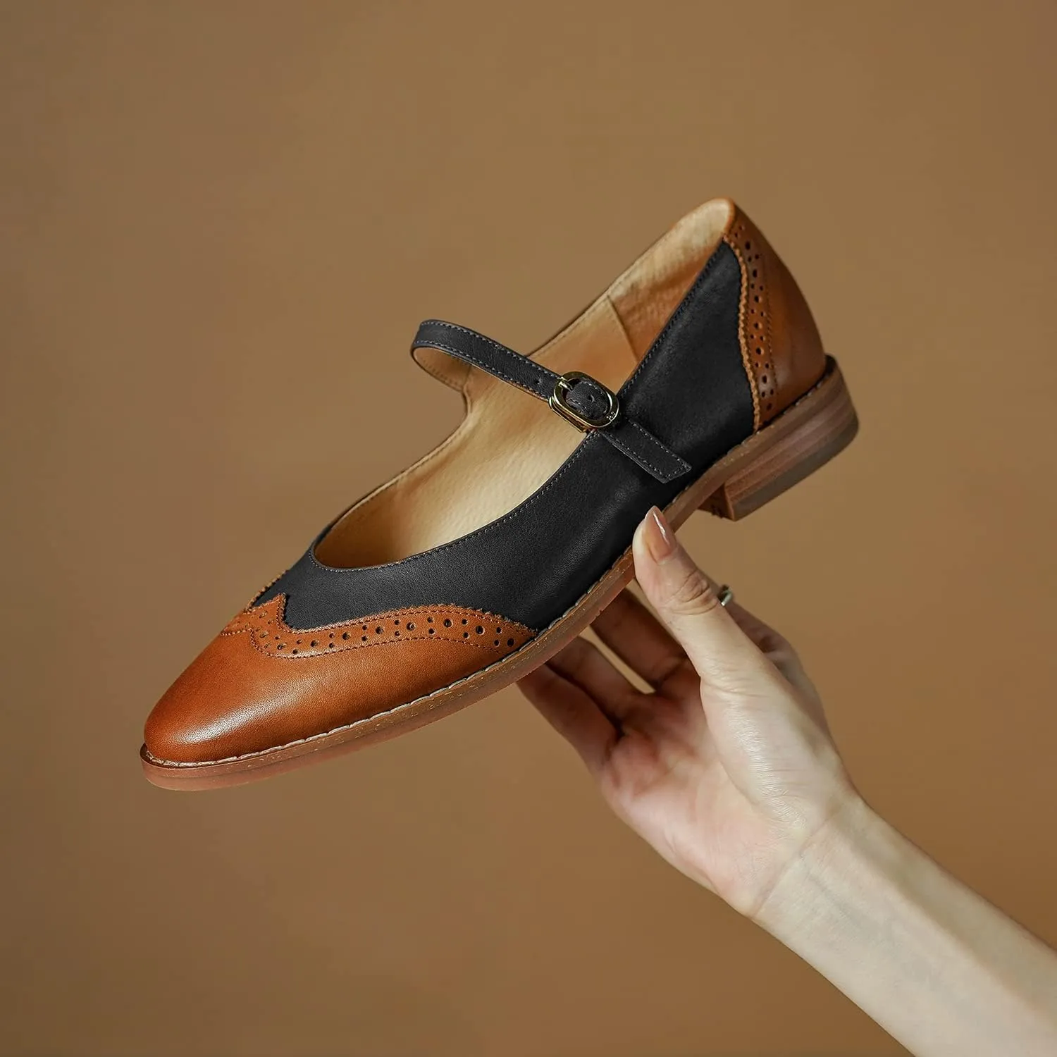 SHODENSE Women Mary Jane Flats Round Toe Ankle Strap Flat Shoes Two Tone Wingtip Oxfords Mary Jane Perforated Retro 1 Flat Heel Dress Shoes Almond Toe Patchwork Comfy Driver Flats 4-11 M US