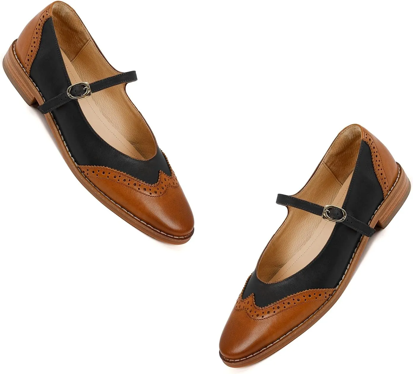 SHODENSE Women Mary Jane Flats Round Toe Ankle Strap Flat Shoes Two Tone Wingtip Oxfords Mary Jane Perforated Retro 1 Flat Heel Dress Shoes Almond Toe Patchwork Comfy Driver Flats 4-11 M US