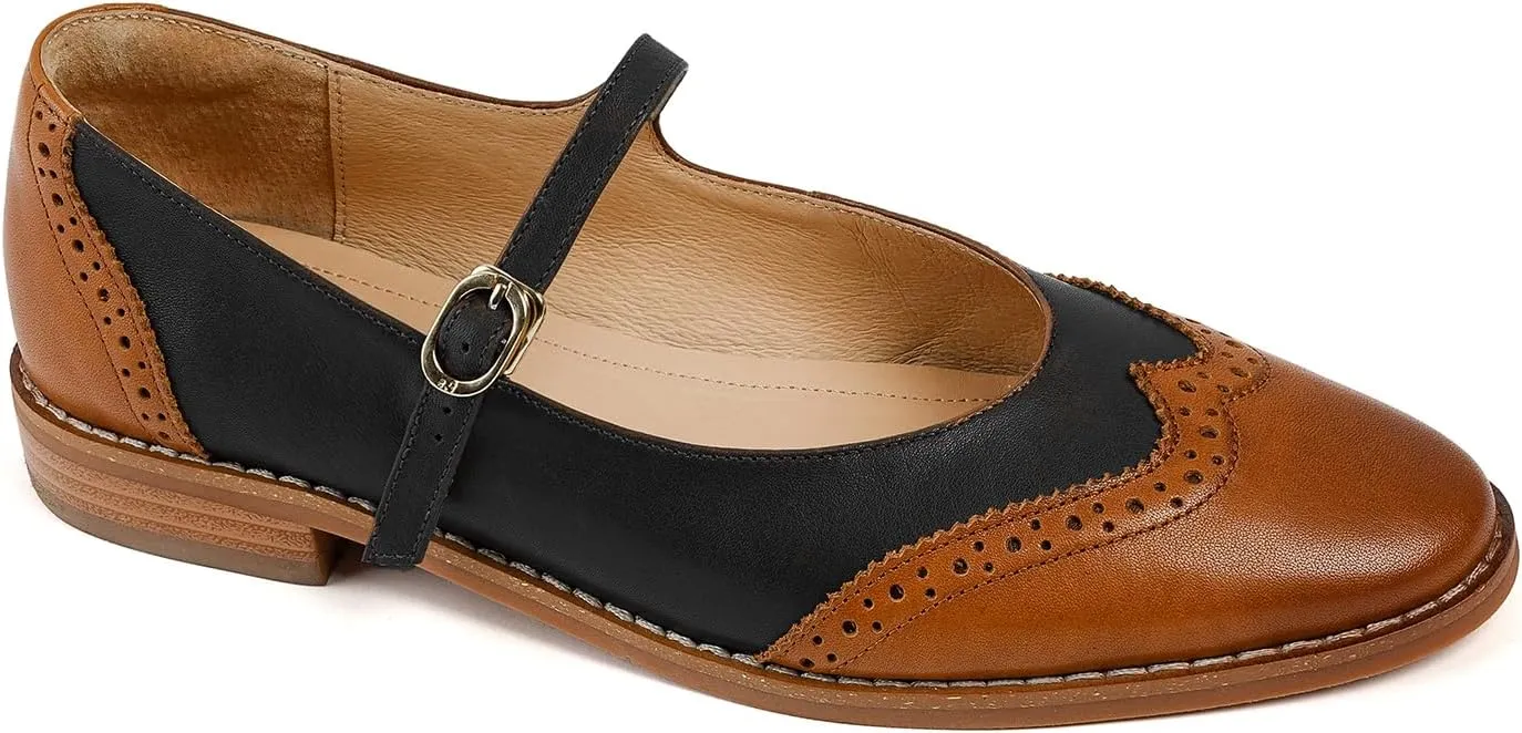 SHODENSE Women Mary Jane Flats Round Toe Ankle Strap Flat Shoes Two Tone Wingtip Oxfords Mary Jane Perforated Retro 1 Flat Heel Dress Shoes Almond Toe Patchwork Comfy Driver Flats 4-11 M US