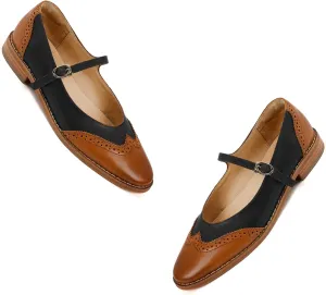 SHODENSE Women Mary Jane Flats Round Toe Ankle Strap Flat Shoes Two Tone Wingtip Oxfords Mary Jane Perforated Retro 1 Flat Heel Dress Shoes Almond Toe Patchwork Comfy Driver Flats 4-11 M US