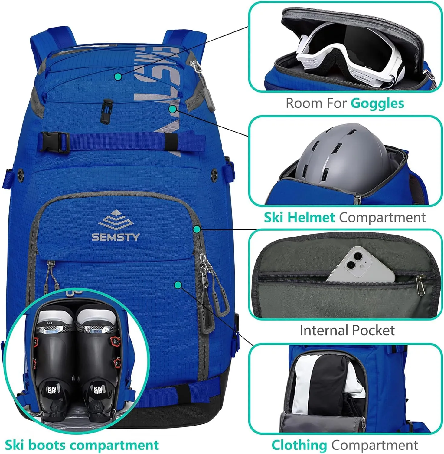 Ski Boot Bag, 55L Waterproof Ski and Snowboard Boots Travel Backpack for Skis, Snowboard, Ski Helmet, & Accessories