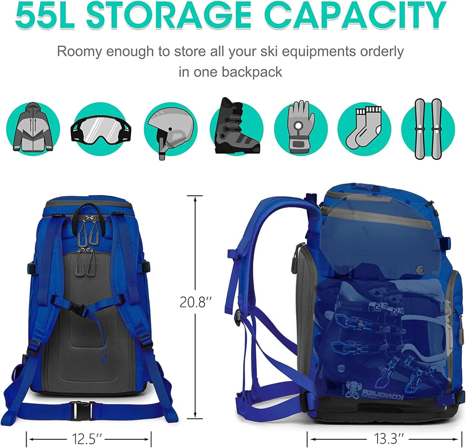 Ski Boot Bag, 55L Waterproof Ski and Snowboard Boots Travel Backpack for Skis, Snowboard, Ski Helmet, & Accessories