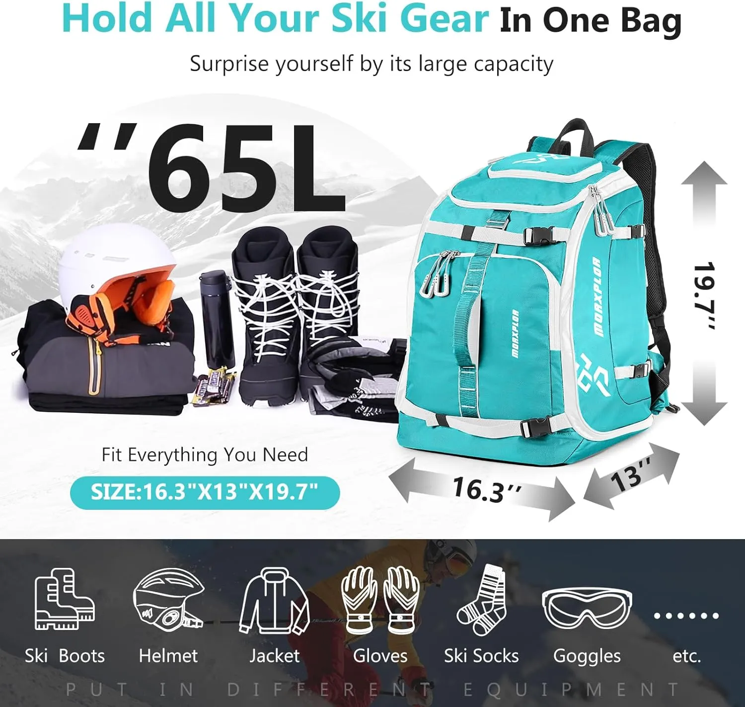 Ski Boot Bag - 65L Padded, Waterproof Ski Travel Backpack for Gear & Accessories