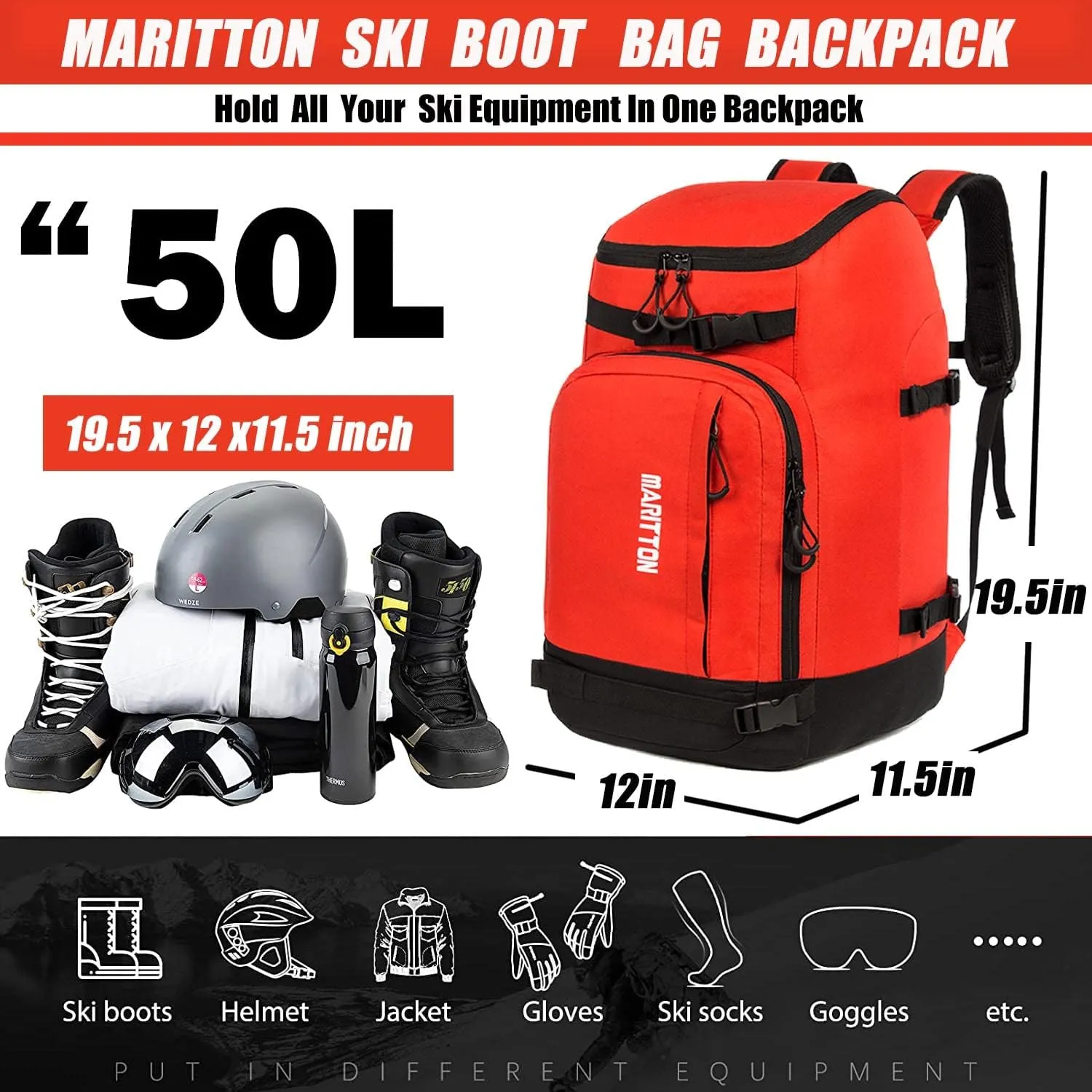Ski Boot Bag - Boot Travel Backpack for Snowboard & Ski Boots, Helmet, Goggles, Gloves, Accessories