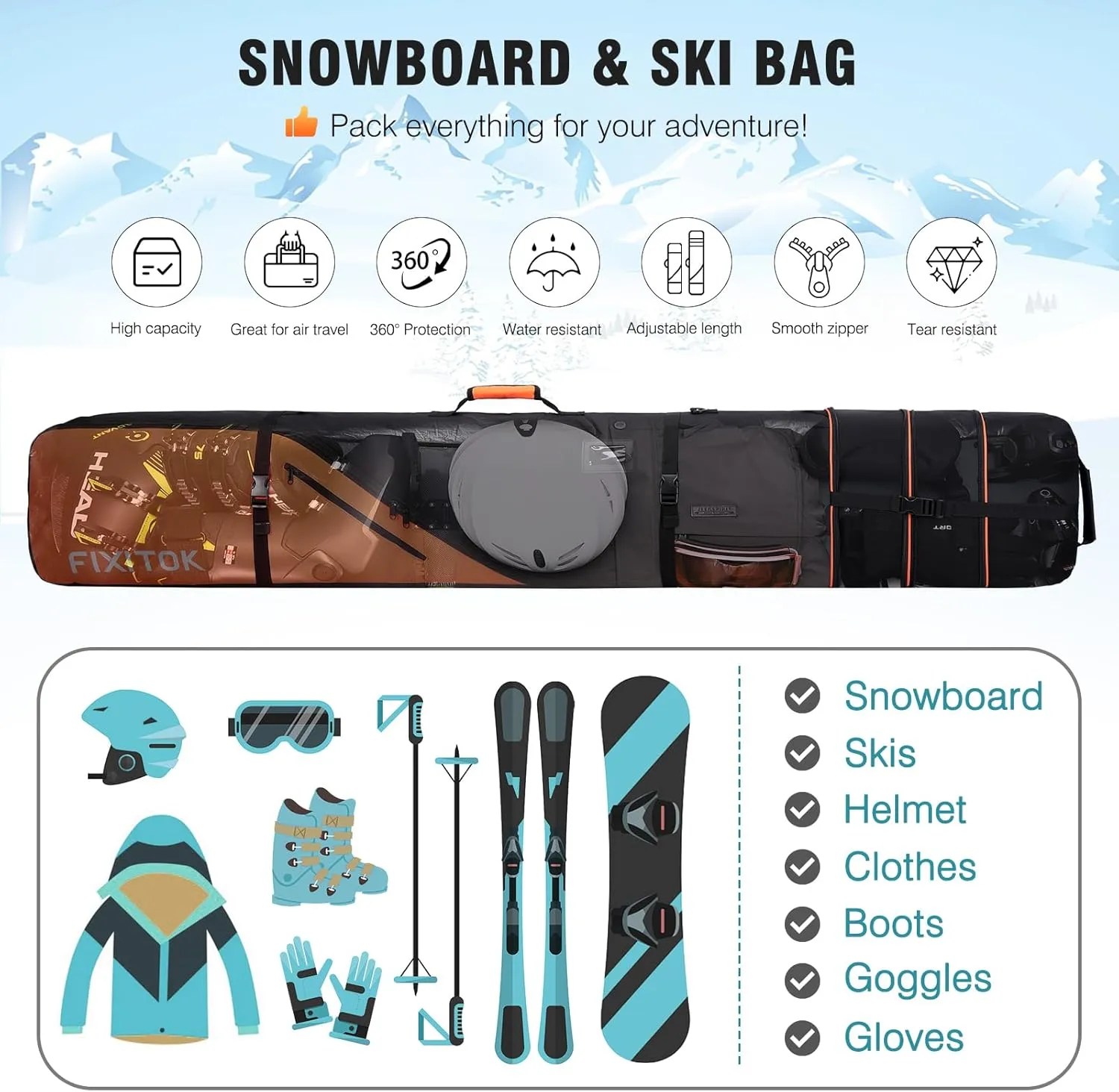 Snowboard & Ski Bag for Air Travel, Waterproof Full Padded Snowboard Bag Fit Board, Boots, Clothes, Helmet and Gear, Adjustable Length Ski Bag(157CM-181CM)