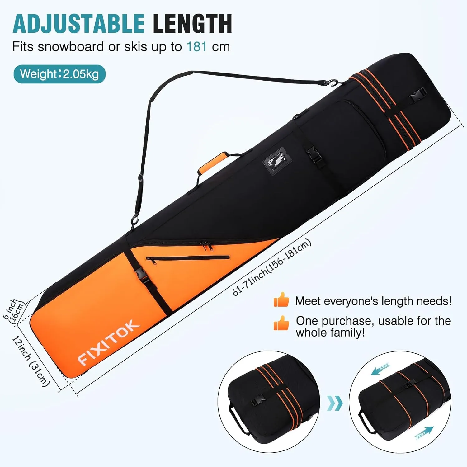 Snowboard & Ski Bag for Air Travel, Waterproof Full Padded Snowboard Bag Fit Board, Boots, Clothes, Helmet and Gear, Adjustable Length Ski Bag(157CM-181CM)