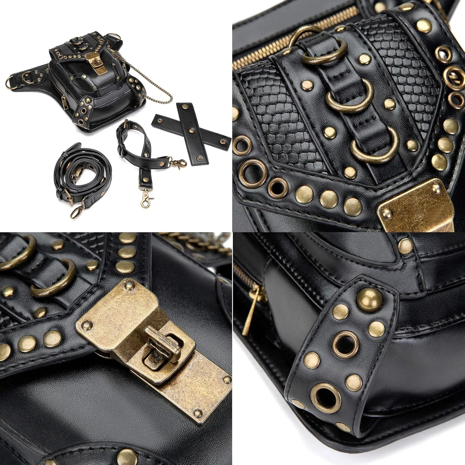 Steampunk Waist Bag Fanny Pack Thigh Holster Purse Gothic Leather Shoulder Crossbody Hiking Chain Messenger Bag