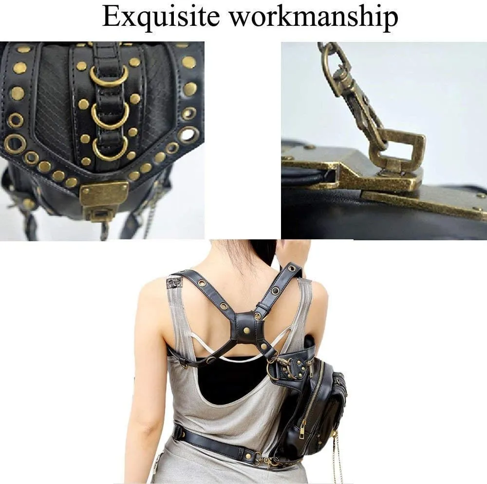 Steampunk Waist Bag Fanny Pack Thigh Holster Purse Gothic Leather Shoulder Crossbody Hiking Chain Messenger Bag