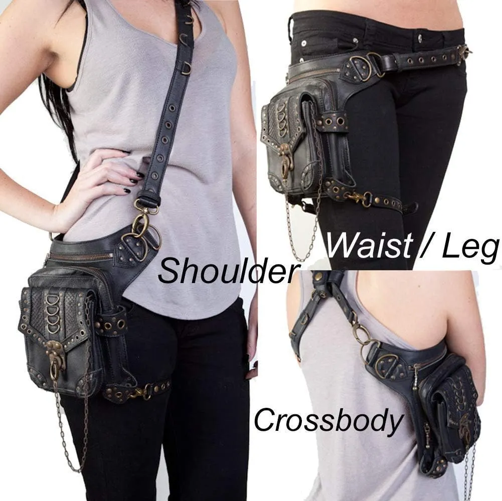 Steampunk Waist Bag Fanny Pack Thigh Holster Purse Gothic Leather Shoulder Crossbody Hiking Chain Messenger Bag