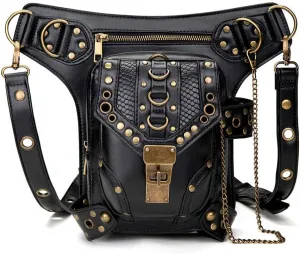 Steampunk Waist Bag Fanny Pack Thigh Holster Purse Gothic Leather Shoulder Crossbody Hiking Chain Messenger Bag