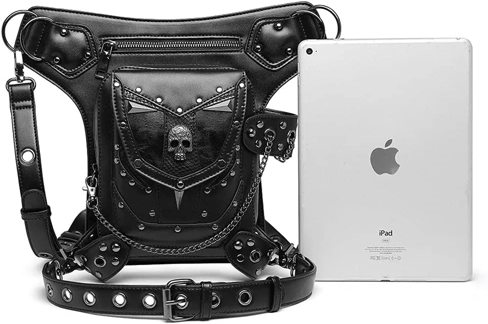 Steampunk Waist Bag Fanny Pack Thigh Holster Purse Gothic Leather Shoulder Crossbody Hiking Chain Messenger Bag