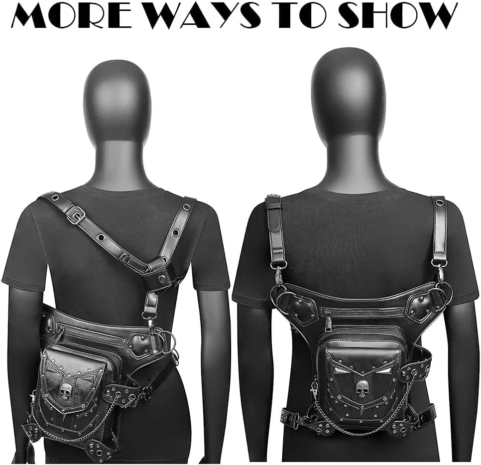 Steampunk Waist Bag Fanny Pack Thigh Holster Purse Gothic Leather Shoulder Crossbody Hiking Chain Messenger Bag