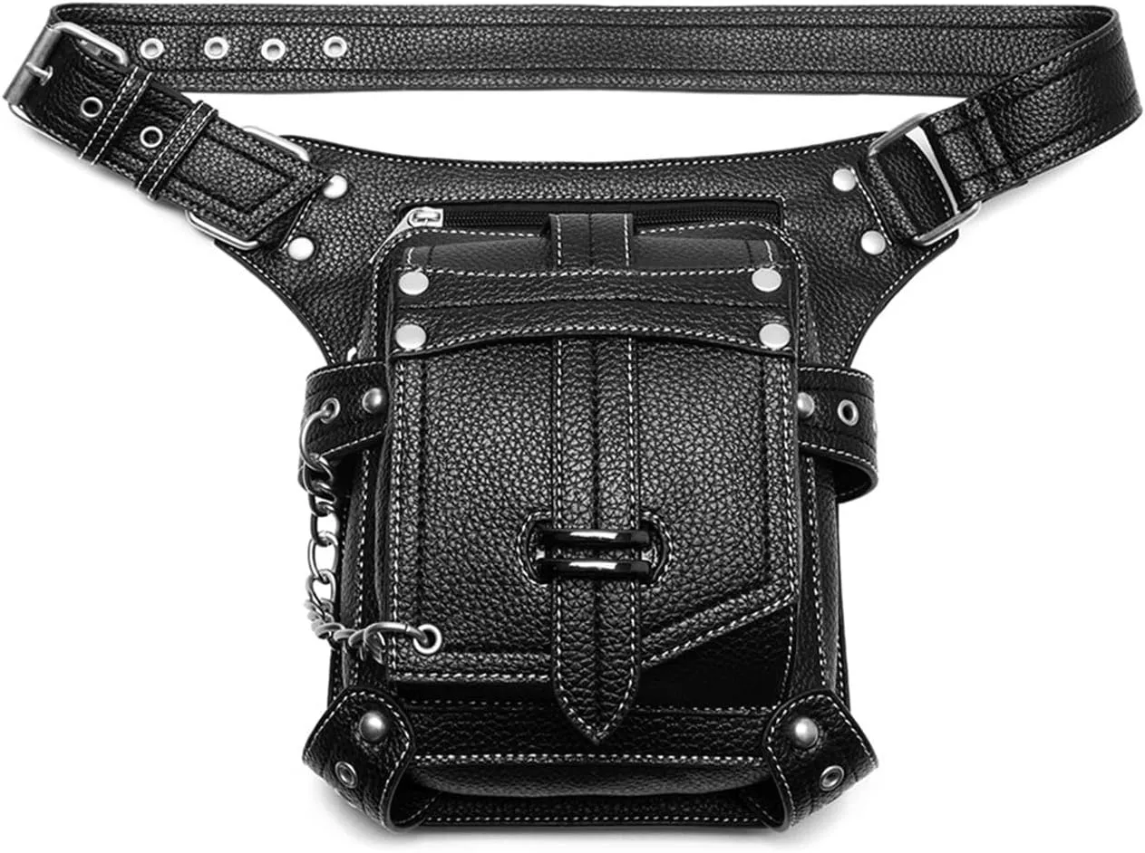 Steampunk Waist Bag Fanny Pack Thigh Holster Purse Gothic Leather Shoulder Crossbody Hiking Chain Messenger Bag