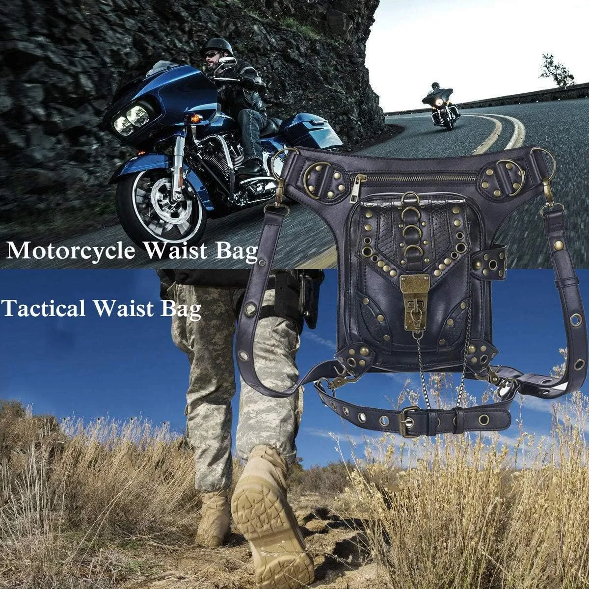 Steampunk Waist Bag Fanny Pack Thigh Holster Purse Gothic Leather Shoulder Crossbody Hiking Chain Messenger Bag