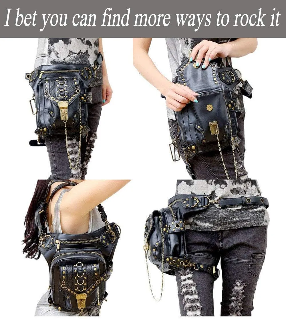 Steampunk Waist Bag Fanny Pack Thigh Holster Purse Gothic Leather Shoulder Crossbody Hiking Chain Messenger Bag