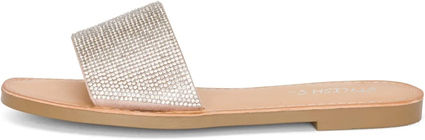 STYLISH S SAVVY - Womens Open Toe Flexible Soft Single Band Rhinestone Flat Sandals