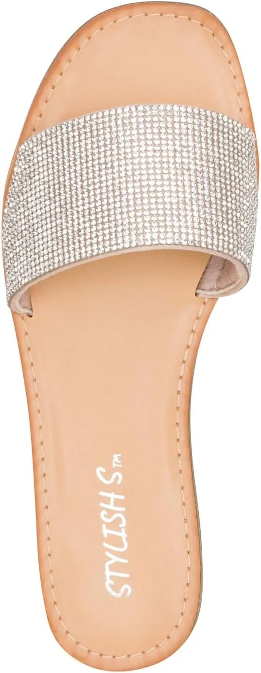 STYLISH S SAVVY - Womens Open Toe Flexible Soft Single Band Rhinestone Flat Sandals