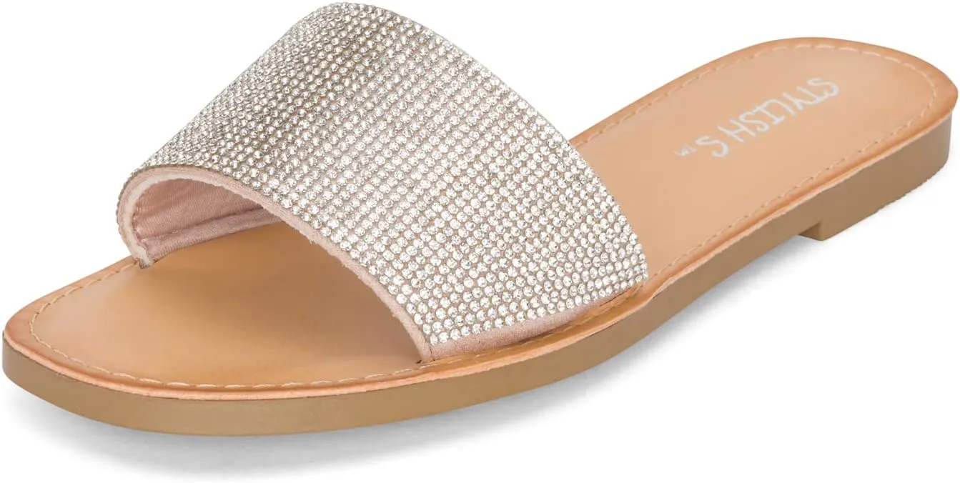 STYLISH S SAVVY - Womens Open Toe Flexible Soft Single Band Rhinestone Flat Sandals