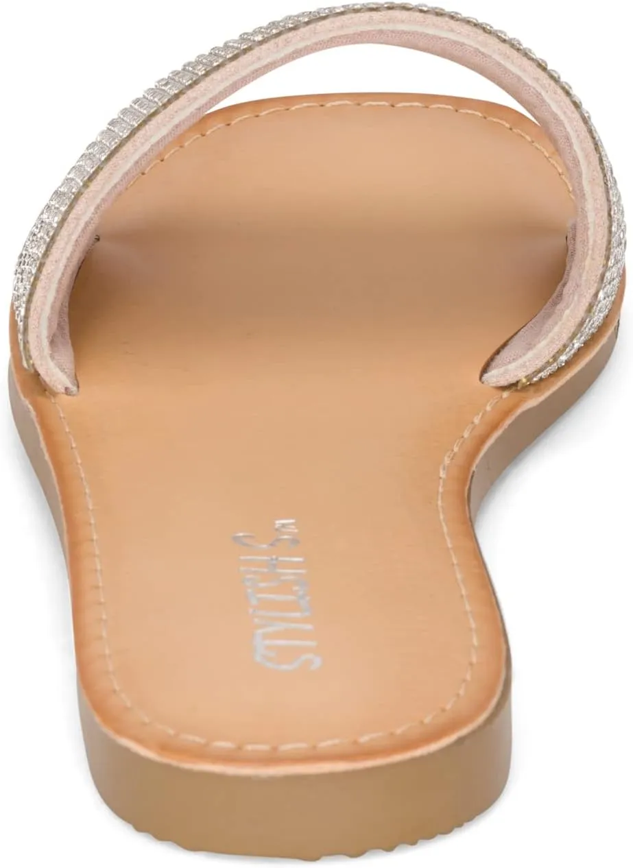STYLISH S SAVVY - Womens Open Toe Flexible Soft Single Band Rhinestone Flat Sandals