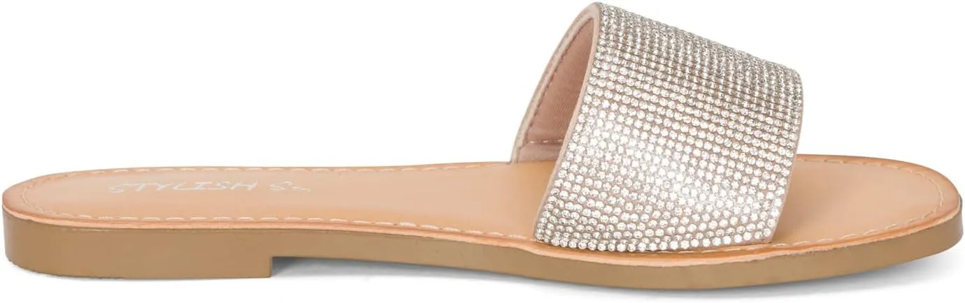 STYLISH S SAVVY - Womens Open Toe Flexible Soft Single Band Rhinestone Flat Sandals