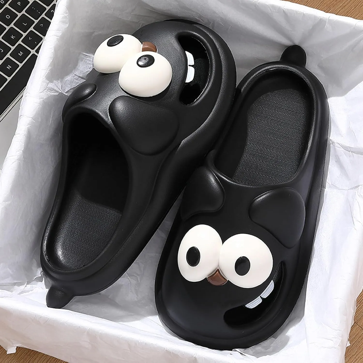 Summer Big Eye Dog Slippers, Unisex Cute Cartoon Comfy Slippers, Indoor Bathroom Comfy Flat Slide Shoes, Non-Slip Lightweight Shower Beach Pool Outdoor Slides