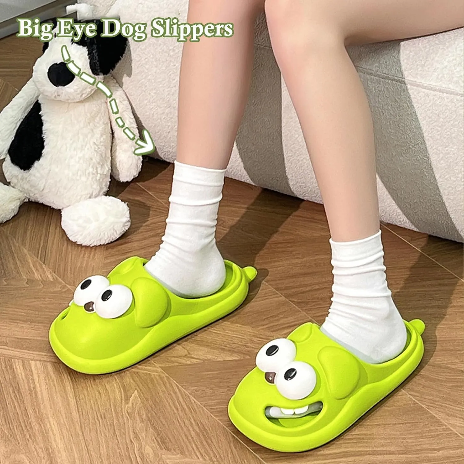 Summer Big Eye Dog Slippers, Unisex Cute Cartoon Comfy Slippers, Indoor Bathroom Comfy Flat Slide Shoes, Non-Slip Lightweight Shower Beach Pool Outdoor Slides
