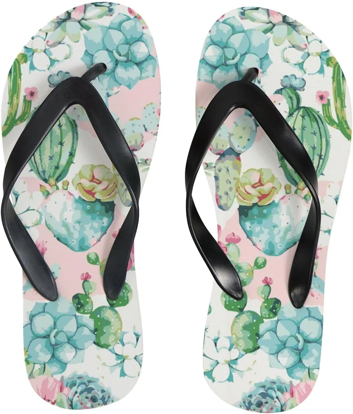Summer Flip Flops for Women Girls - Cactus Pink Flowers Casual Thong Slippers Slide Flat Sandals for Beach