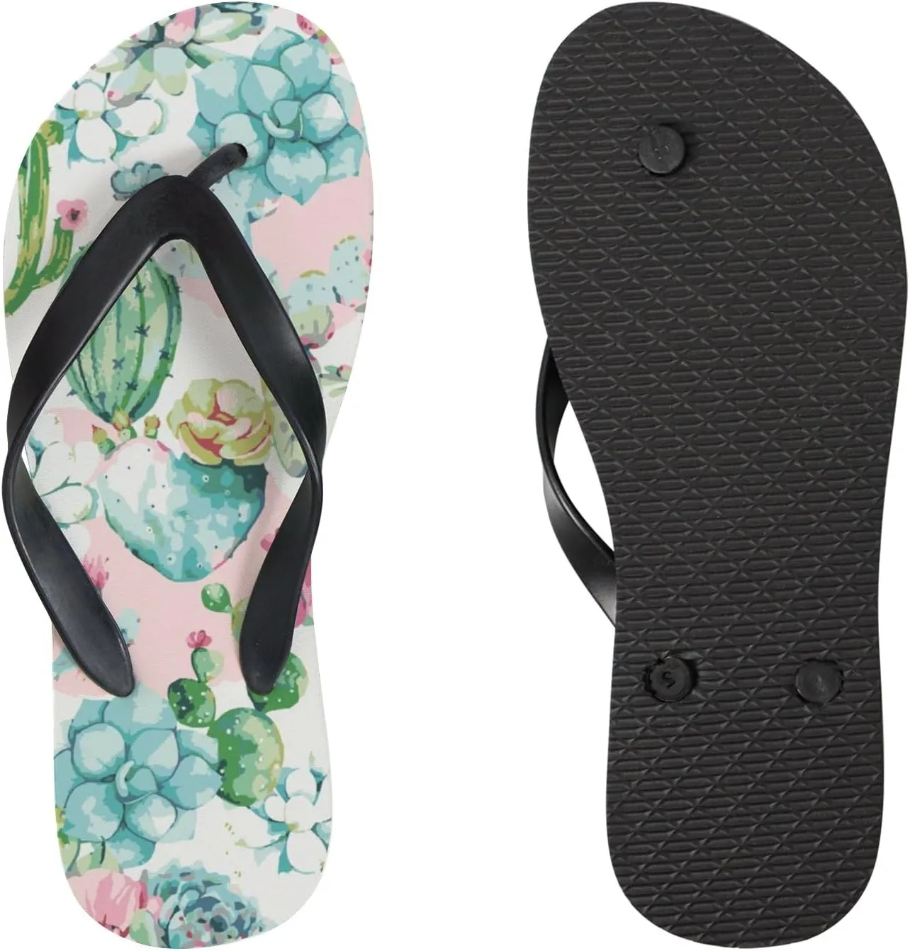 Summer Flip Flops for Women Girls - Cactus Pink Flowers Casual Thong Slippers Slide Flat Sandals for Beach